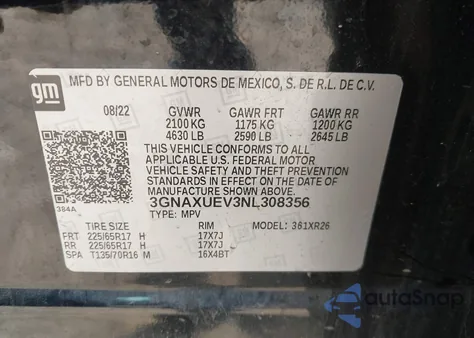 2022 Chevrolet Equinox Awd Lt из США, поврежденный, VIN 3GNAXUEV3NL308356